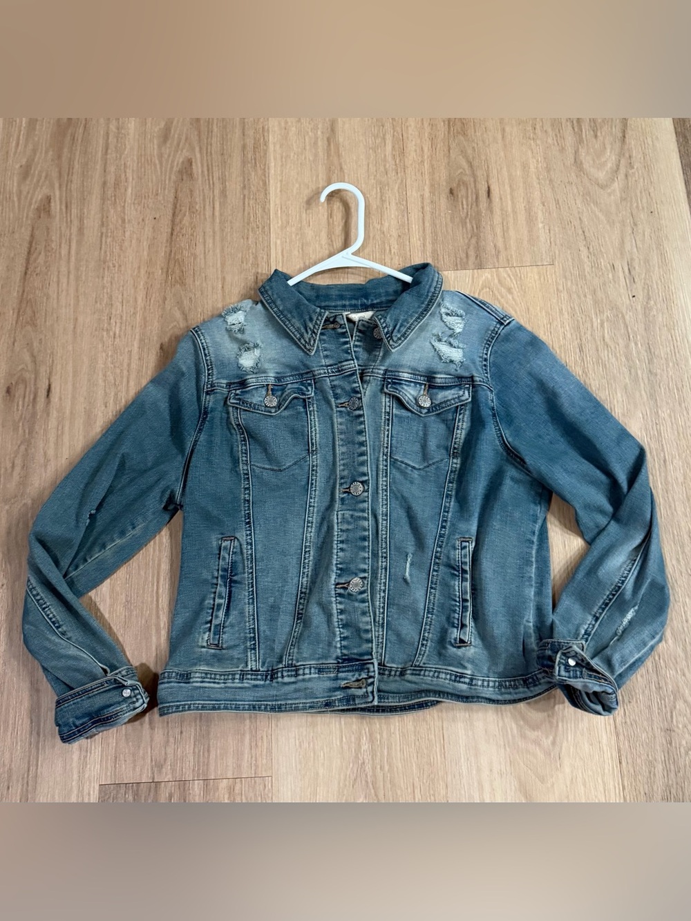 Est. 1946 Women’s Distressed Blue Denim Jacket size Small Grunge Y2K
